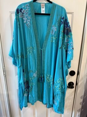 Chico's Turquoise Floral Embroidered Kimono